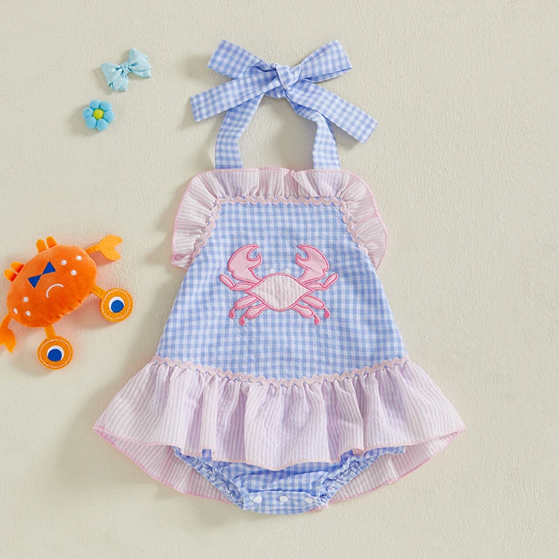 

2025-03-21 Lioraitiin Baby Girl Crab Plaid Romper Dress Tie-up Halter Neck Sleeveless Ruffle Bodysuit Cute Summer Clothes