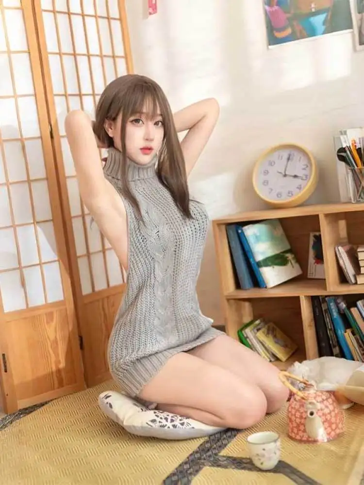 Sexy Loose High Collar Bal Knitted Sweater Hollow out ay Hanging Ne Open Ba Knit Top with ort Skirt Set for Women