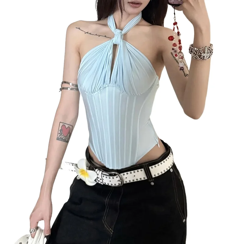 

Women's Sleeves Top 2026 Spring Summer New Arrival Fashion Solid Ruffled Halter Neck Strappy Wrap-Around Fishbone Tank Top