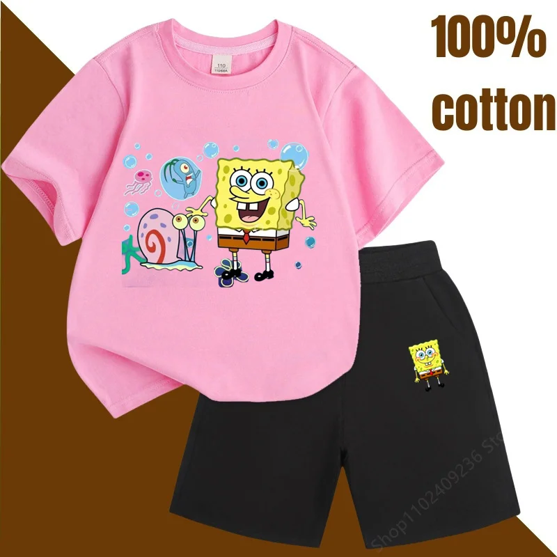 2024 New Cartoon Spongebob Stitched 100% Cotton Suit Children  Summer Children T-Shirt Boys Girls Short Sleeve Child Sets