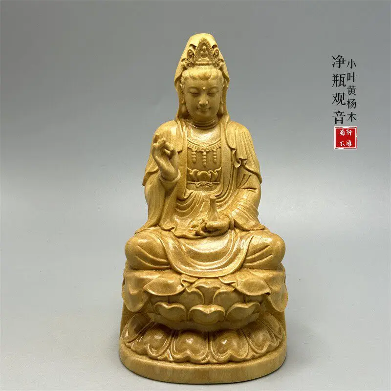 Boxwood Guanyin with Child Small Figurine Traditional Carved Bodhisattva Artwork for Bookshelf Decor and Meaningful Gift Giving