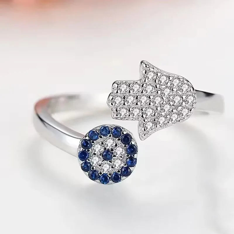 

Натуральное серебро 925 пробы, сглаз, голубый глаз, Хамса, рука Фатима, открытые регулируемые кольца для женщин и девочек, вечерние модные ювелирные изделия, подарок