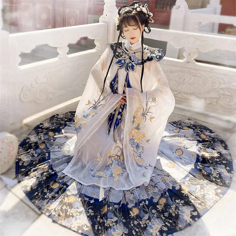 Chinese Ming Dynasty Women Standing Collar Long Sleeve Coat Pleated Loose Skirt Embroidery Cloud Shoulder Hanfu Set