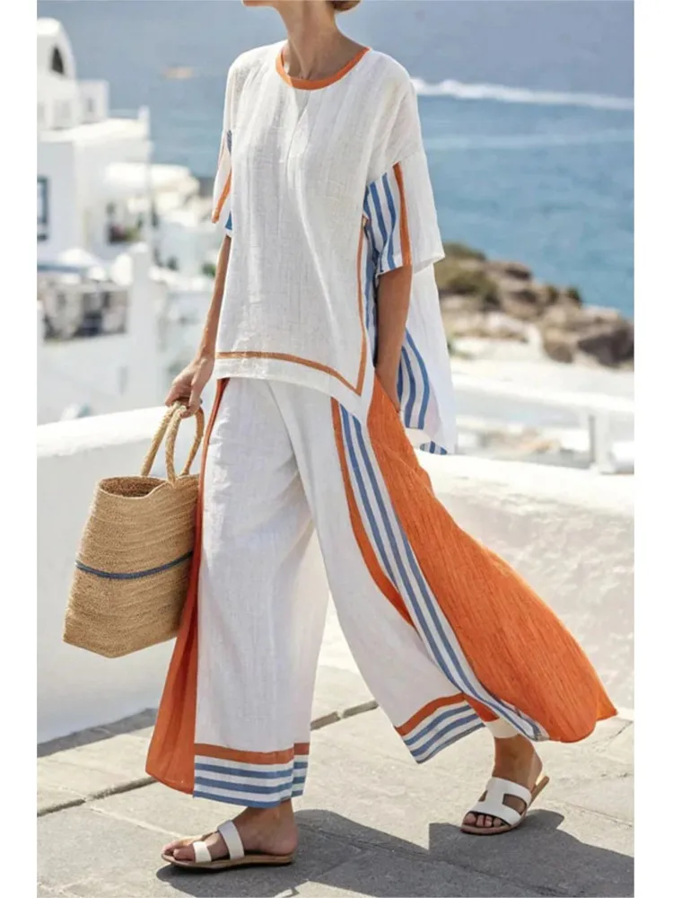 

Summer Casual Striped Printed Half Sleeved Long Pants 2piece Set For Woman's Loose Retro Long Pants Pocket Vacation Women's Set