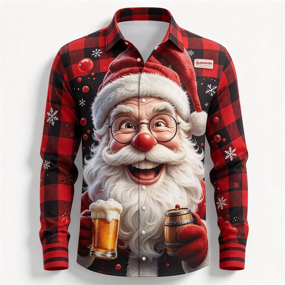Funny Santa Claus 3D Men Christmas Long Sleeve Shirt Ugly Christmas Party Shirts Plaid Patchwork Button Down Casual Holiday Gift