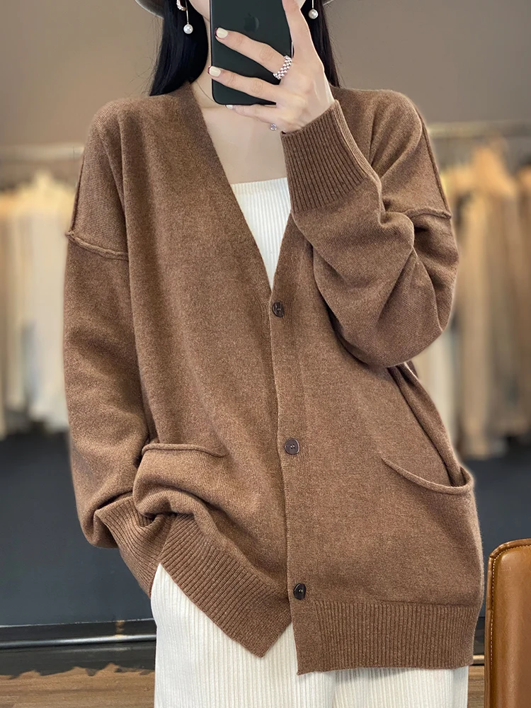 

Large Size 100% Merino Wool Women's Cardigan V-Neck Sweater LongSleeve Knitted Outerwear Knit Top Fashion Trends Clothing Casual