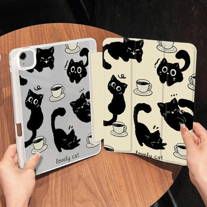 PU Acrylic Cover for IPad Air 5 Air 4 10.9 10.2 9th 8th 7th Ipad 5th 6th Generation Ipad 2017 10.5 Inch Black Cats Coffee Print