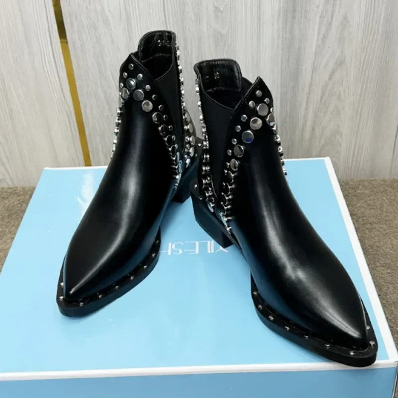 2024 New Womens Ankle Boots Sexy Pointed Toe Punk Style Rivet-decorated Women\'s Knight Boots Winter Warm and Fashion Short Boots