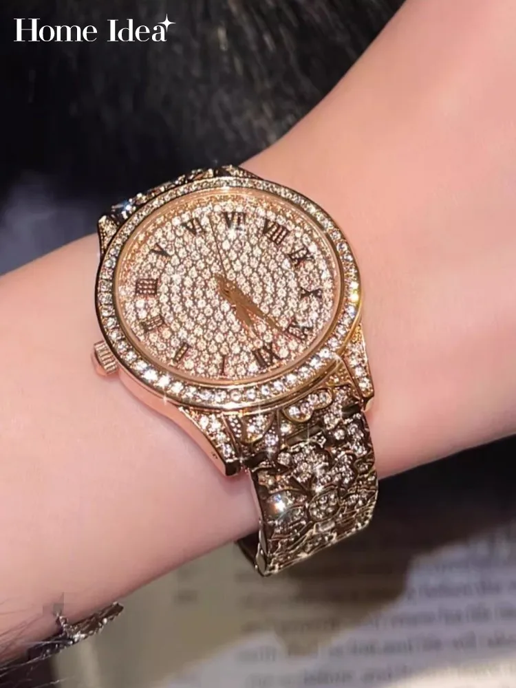 

Роскошные женские кварцевые часы с бриллиантами, римские цифры, модные аксессуары высокого качества, дизайнерские офисные женские элегантные круглые наручные часы