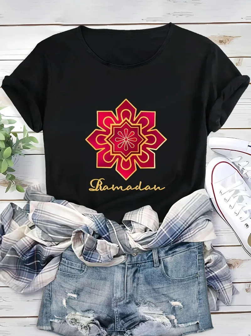 

Women's Activewear Ramadan Flower Graphic Crew Neck Sports T-shirt, Casual Loose Short Sleeves Tops,