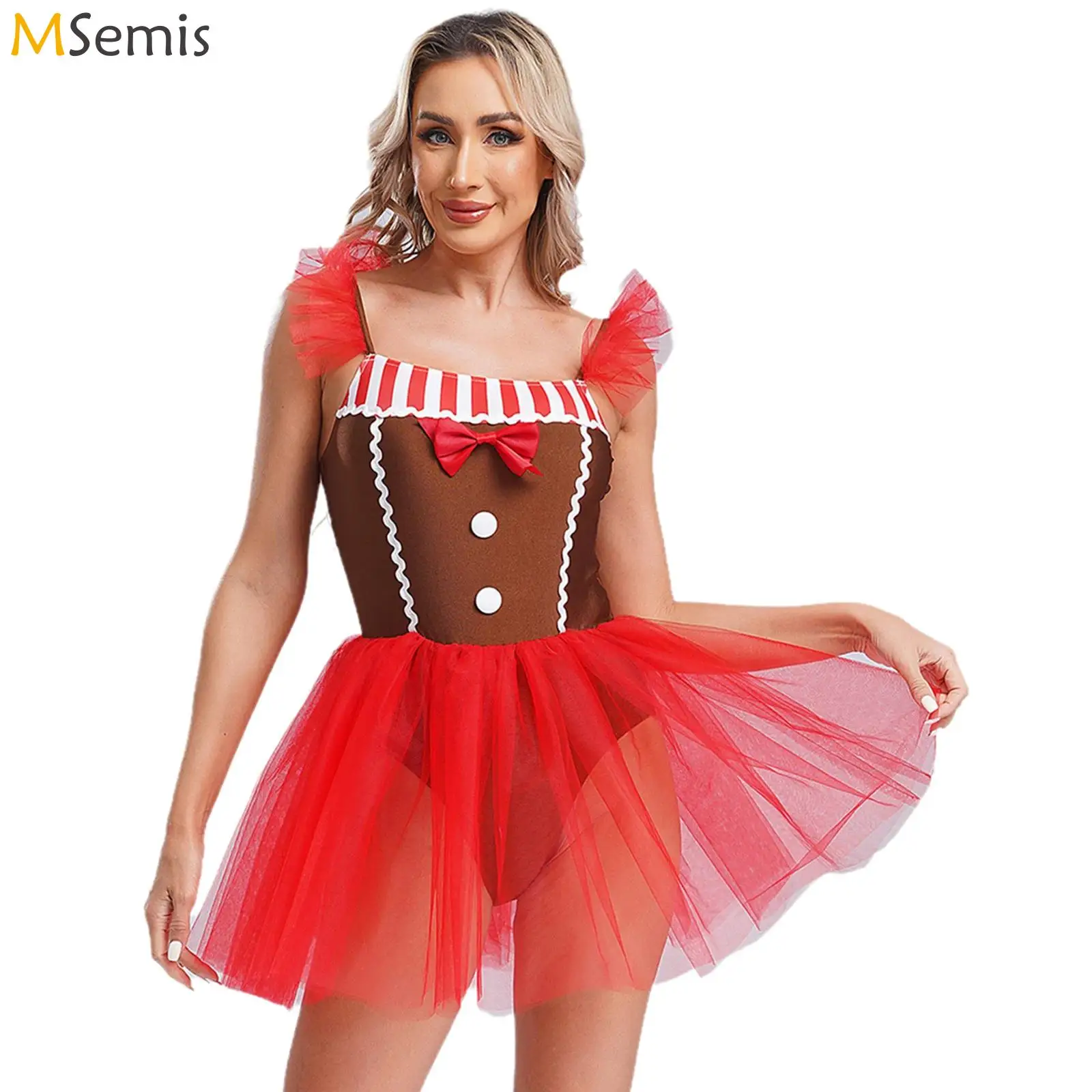 Women's Christmas Xmas Elf Costume Gingerbread Costume Holiday Dress New Year Cami Tutu Dress Bowknot Striped Leotard Bodysuit