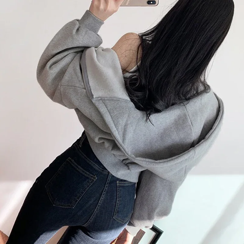 Zipper Up Hoodies Women Aesthetic Pockets Solid Sweatshirts Long Sleeve Crop Top Baggy Hooded Hoodie Sweat Shirts Loose clothes