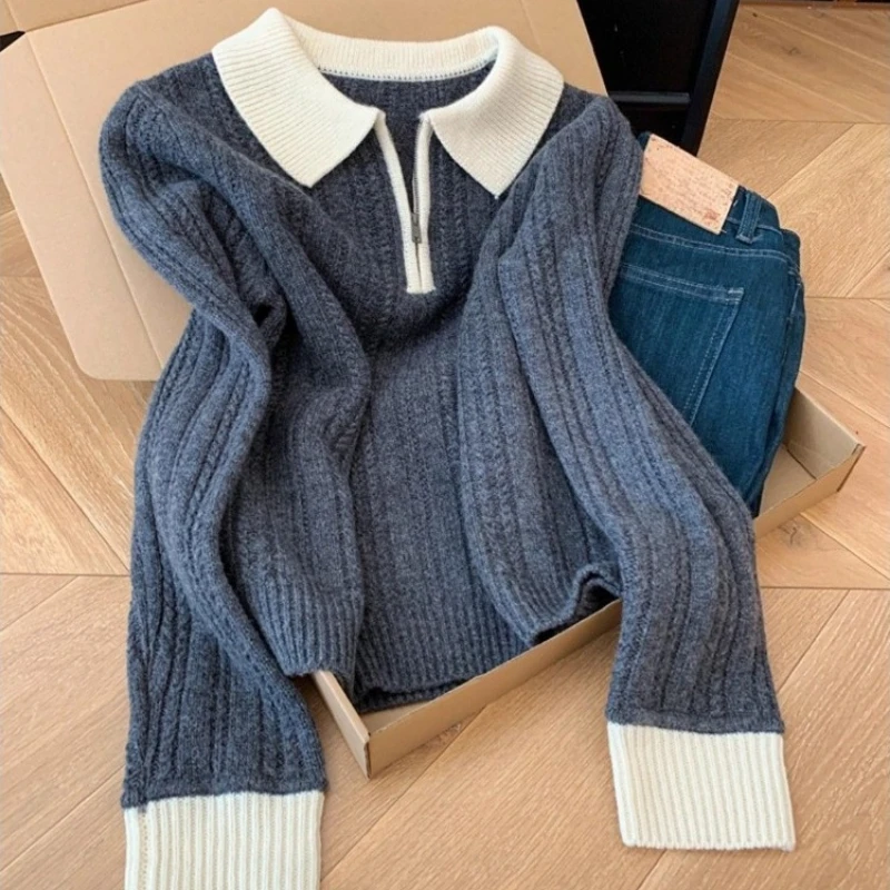 Y2k Subculture Streetwear Sweaters American Vintage Slim Solid Patchwork Pullovers Sweaters 2000s Korean Fashion Casual Jumpers