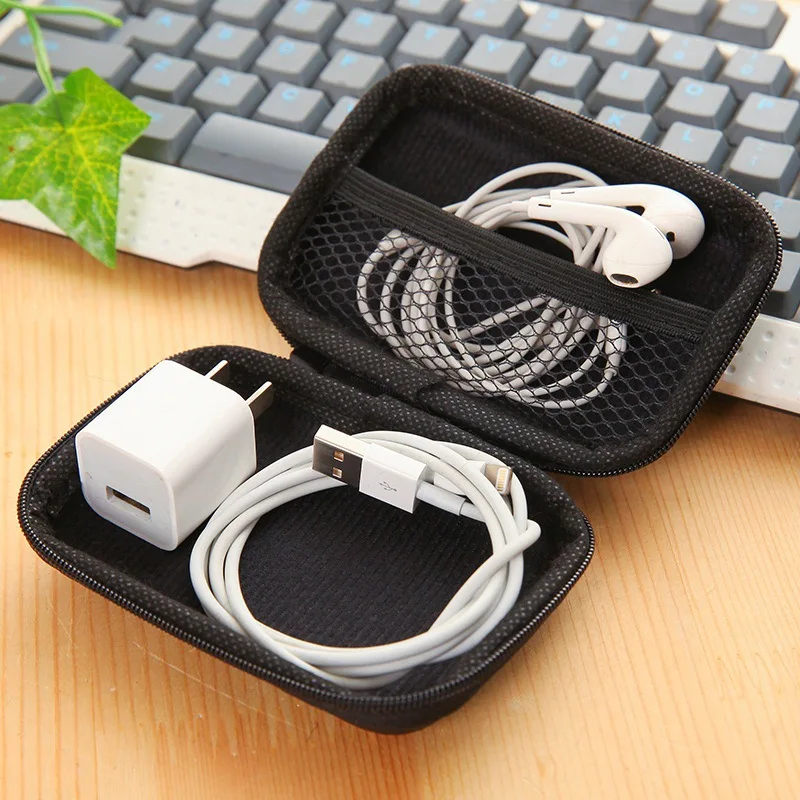 Fashion New Black Travel Zipper Case Leather Earphone Storage Box Portable USB Cable Organizer Carrying Hard Bag For Coin Memory