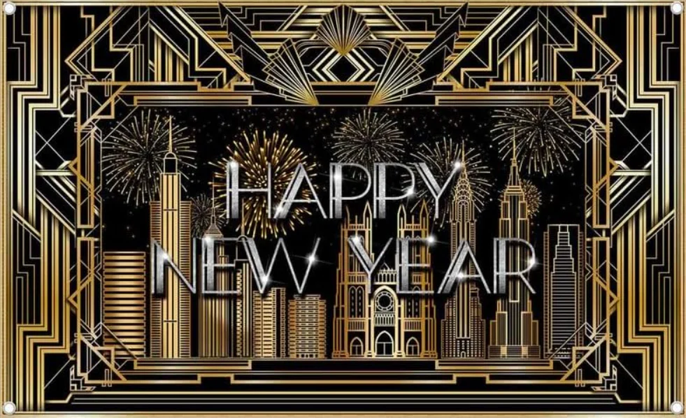 Happy New Year Gatsby Backdrop Retro Roaring 20's 20s Photography Background Black and Gold Party Decorations Photo Banner