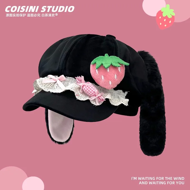 Cute Strawberry Patch Sweet Lace Bow Design Plush Rabbit Ear Berets Y2K Autumn Winter Warm Versatile Niche Newsboy Hats Woman