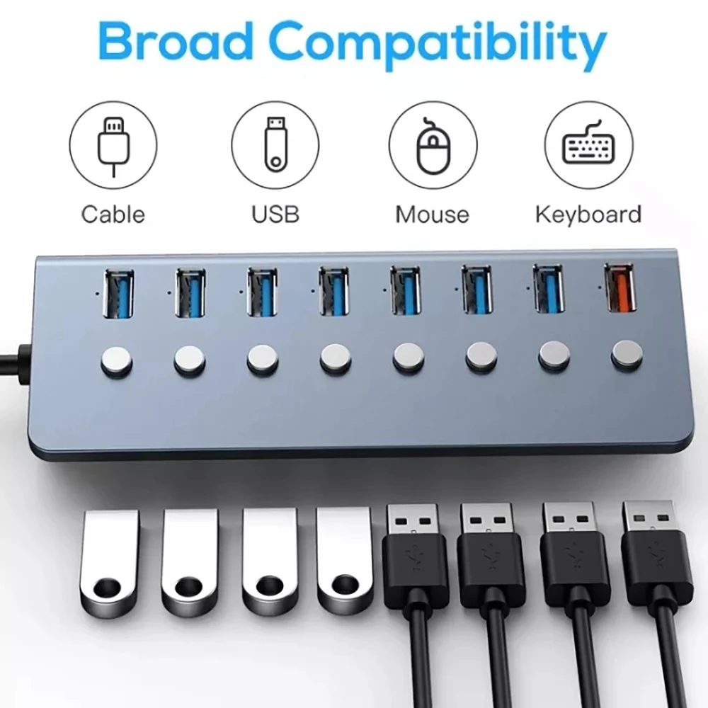 

Y23A-USB Hub 7 Ports USB3.0 5Gbps+1XUSB Charging Port Hub Splitter Extension With Independent Switch External Power Supply