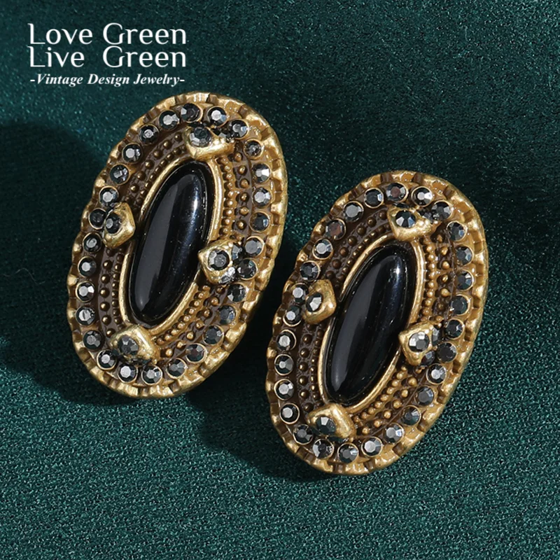 العتيقة الذهب اللون الأسود العقيق البيضاوي قرط الاذن المرصع حجر الراين مجوهرات فاخرة مصمم خمر للنساء الزفاف الشكر 2025
