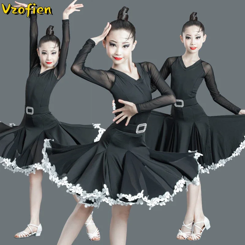 

Children Latin Dance Dress Ballroom Modern Waltz Cha Cha Costumes Girls Black Tango Salsa Costum Competition Dancewear for Stage