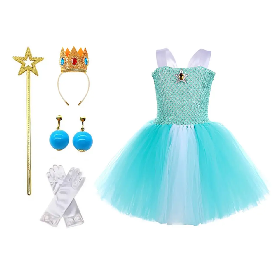 Halloween Costume For Girl Dress Festive Kid Up Sling Lace Party Frock+Crown+Gloves+Ear Clips 5pc Set Child Tunic