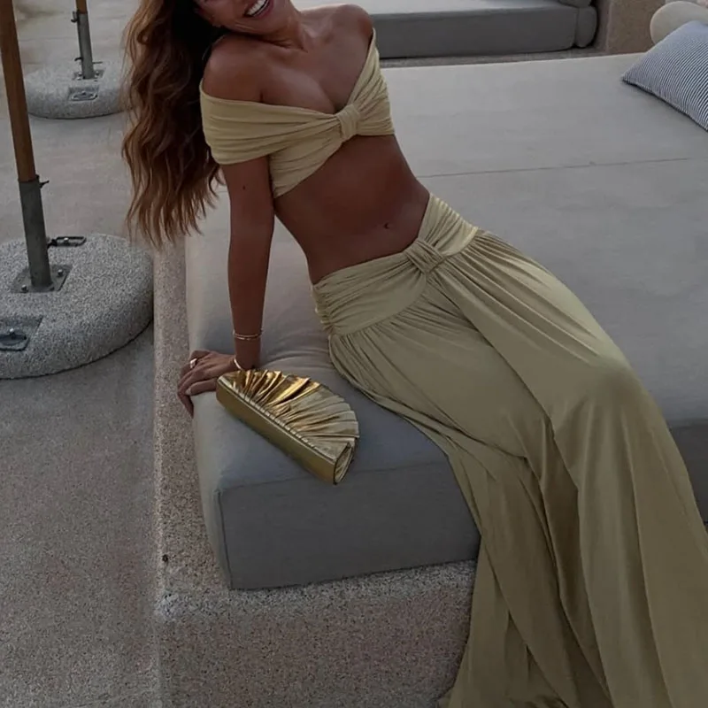 

Сексуальный комплект из топа с открытыми плечами и юбки для женщин: повседневный костюм из 2 предметов без рукавов с драпировкой, летний модный комплект с длинной юбкой с высокой талией