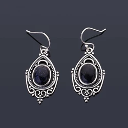 Natural Oval 8X10MM Blue Sandstone Earrings S925 Silver Earrings Retro Party Jewelry Turquoise Amethyst Earrings Gift