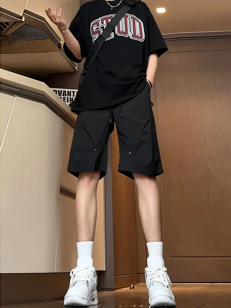 

Bla Rivet Men's ort Pants Summer Thin Ice Silk Workwear Trousers Folded Design Sense Ice Silk Qui-Five Pants