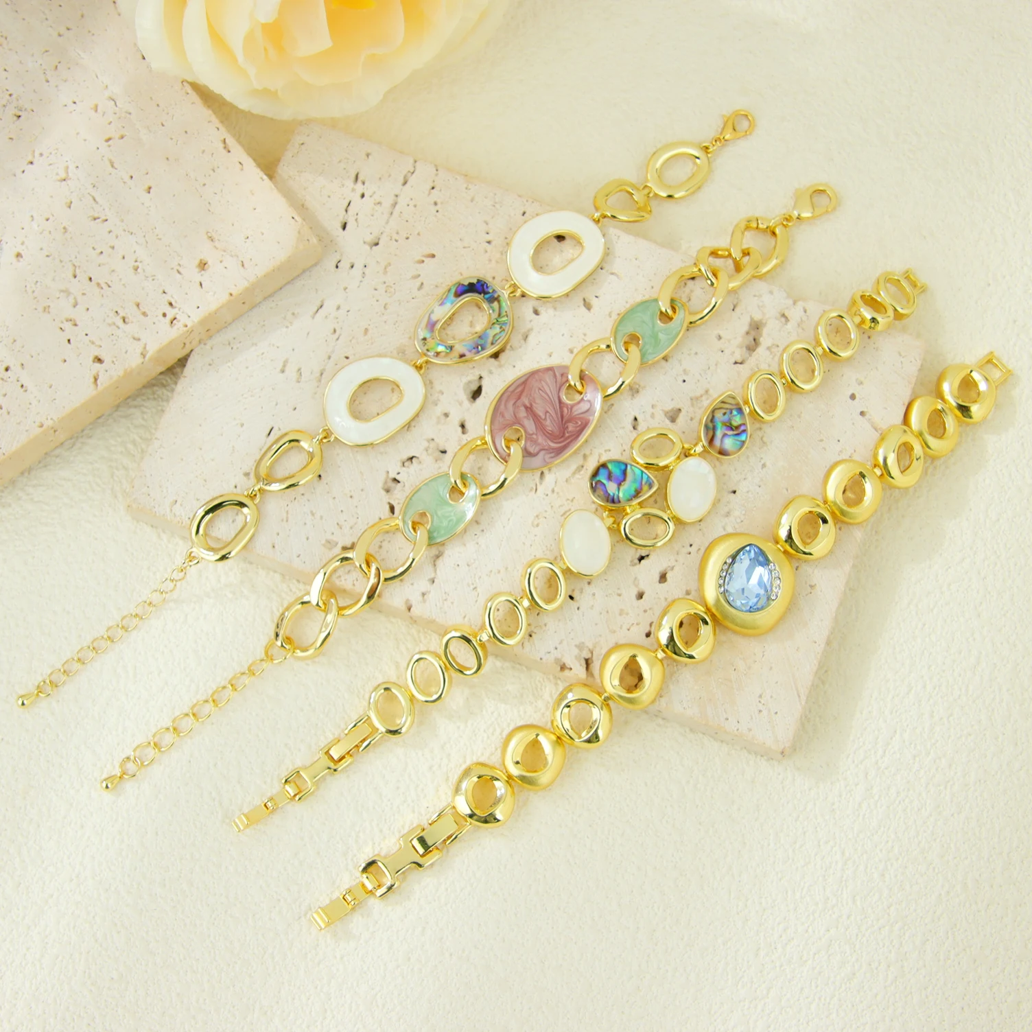 Exquisite Bohemian Stained Glass Enamel Bracelet 14k Colored Crystal Gold Hand Chains European Women Statement Jewelry