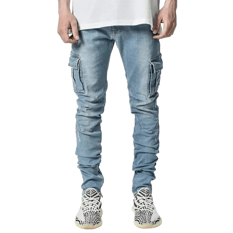 Jeans Men Black Cargo Pants Multi Pockets Denim Pantalones Blue Slim Fit  Overol Hombre Fashion Casual Streetwear Trousers 3XL