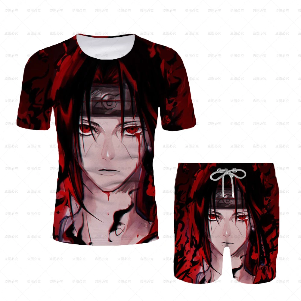 جديد 2025 اليابانية الكرتون ناروتو تي شيرت الكبار الرجال تي شيرت كامل السراويل قطعتين مجموعة الصيف الصبي الكرتون قميص جذاب + بناطيل الشواطئ