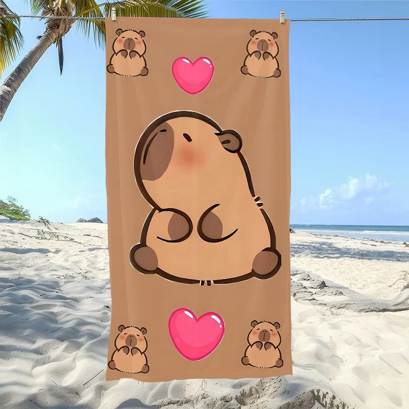 Newest Beach Towel Big Cartoon Capybara Pink Heart Brown Background Print Soft Beach Towel Kawaii Animal Pool Towel