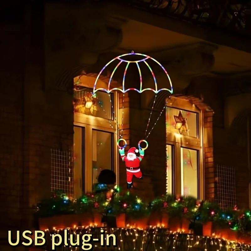 LED Christmas Lights USB Powered 8 Modes Parachute Santa Claus Decorative Lights Indoor Home Window Party Holiday Decorations