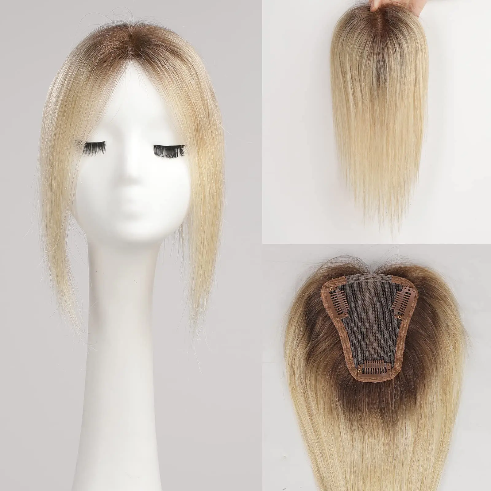 Blonde Ombre Straight Hair Toppers Middle Part 100% Remy Human Hair Topper HairPieces for Women Silk Base Clip in Toppers 12inch