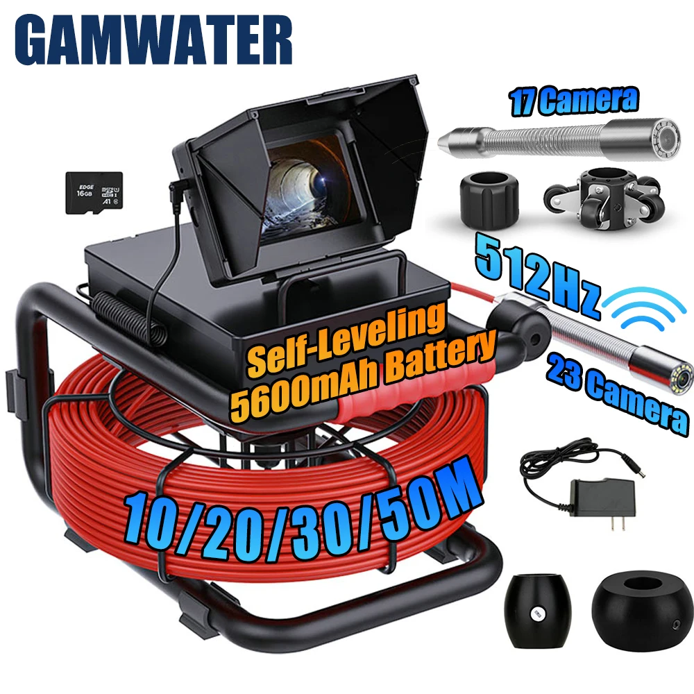 Sewer Inspection Camera - 512Hz Self-Leveling  with 5600mAh Battery, IP68 Waterproof Endoscope Camera with 16GB TF Card