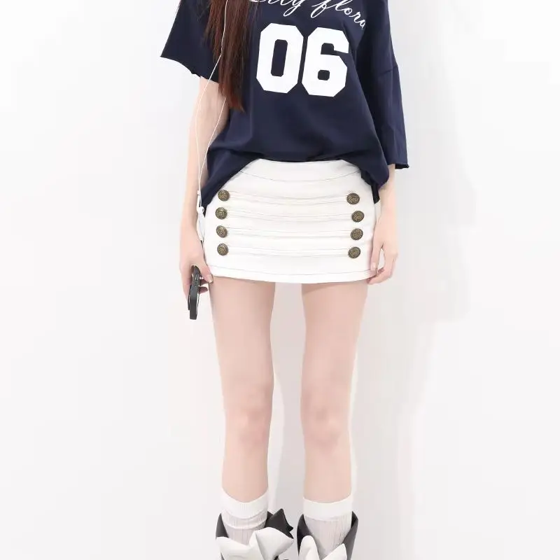 Women's Beige Button-Up Casual Denim Short Skirt Y2K Harajuku American 2000S High Street Sexy Retro Lined Jeans Skirt Clothing