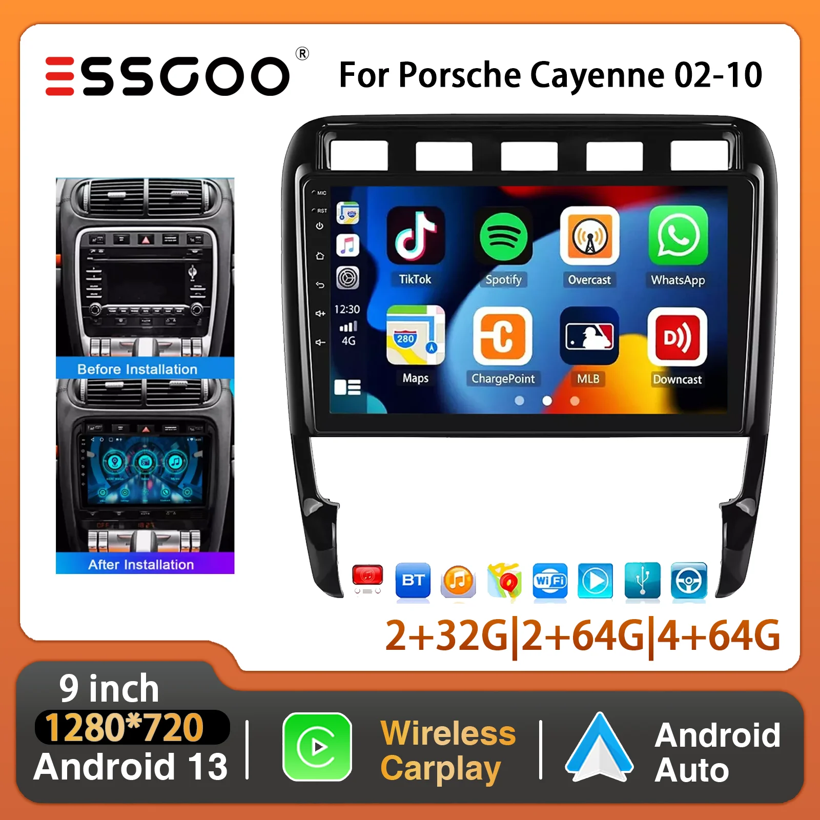 ESSGOO 9" Ekran Dotykowy Dla Porsche Cayenne 9PA 2002-2010 8 Rdzeni 4+64GB Android 13 Radio Samochodowe Wireless CarPlay GPS Nawigacja WiFi FM BT Odtwarzacz Multimedialny Wideo