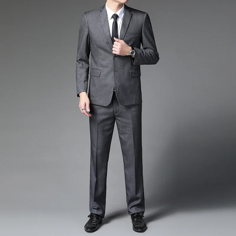 Gray Men's Suits Smart Business Uniform Blazer and Pant 2PCS Set Office Fashion Twinset Garment Elegant Homme Mariage Clothing