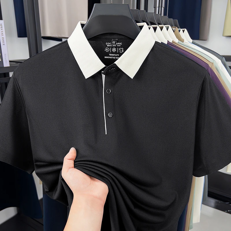 Herren-Poloshirt mit Farbblock-Kragen, schnelltrocknend, atmungsaktives Material, Kurzarm, Reverskragen, für Business und Freizeit. – Detail 10