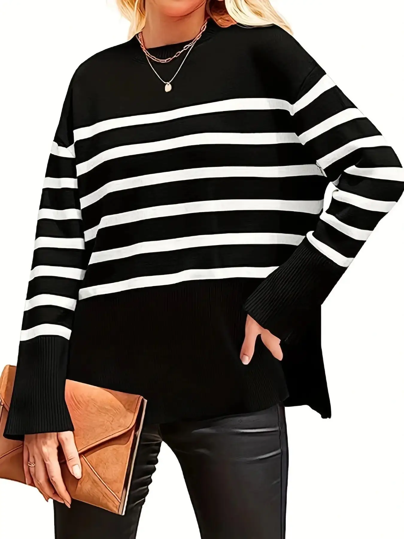 Women\'s Sweater Casual Striped Crew Neck Dropped Shoulder Split Loose Fall Winter Sweater