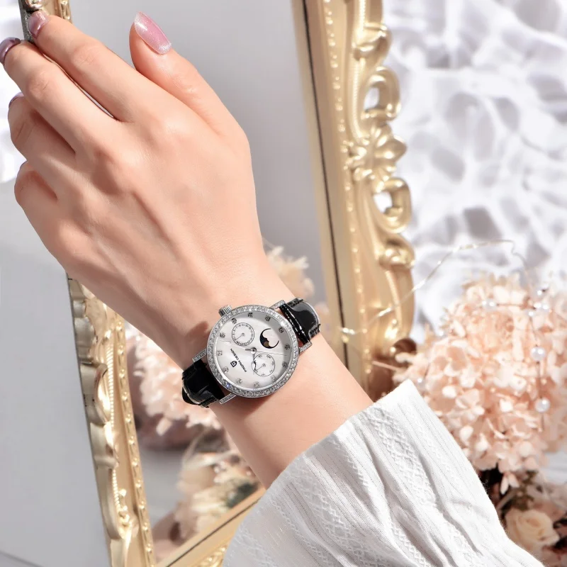 PAGANI DESIGN 1789 Reloj de cuarzo para mujer con esfera elegante con conjunto de diamantes, resistente al agua hasta 50M, calendario de cristal de zafiro, fase lunar, reloj para mujer