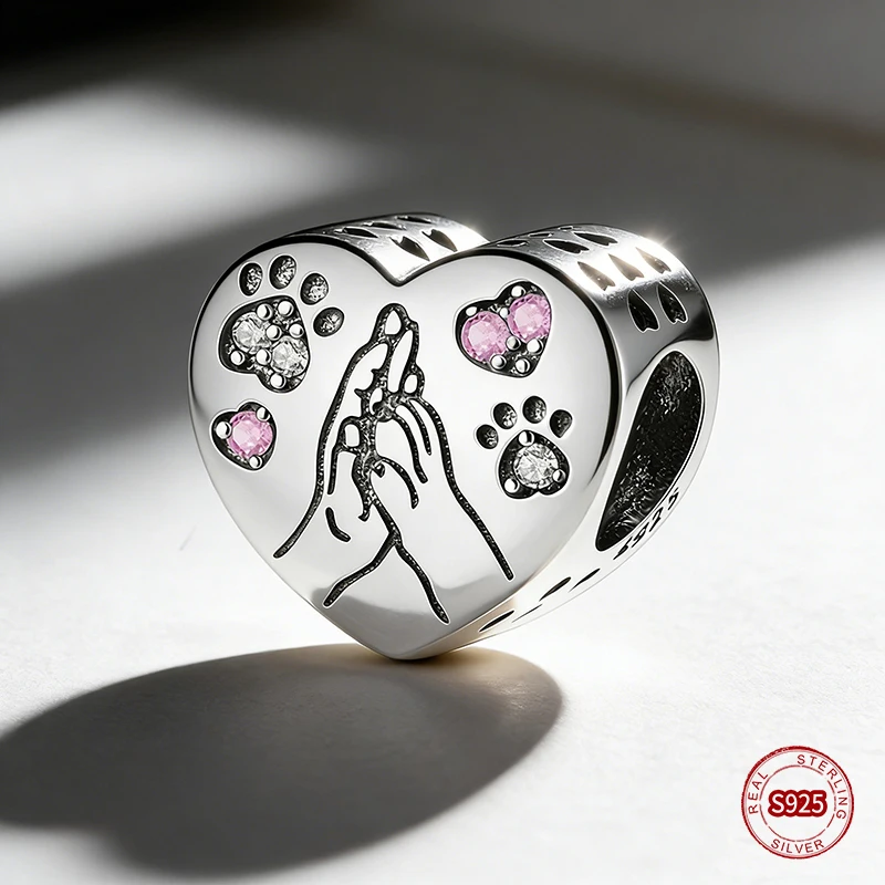 

Ahthen 925 Sterling Silver Beads Holding Hands Paw Print Charm fit Snake Chain Bracelets Necklaces for Women Jewelry DIY Making