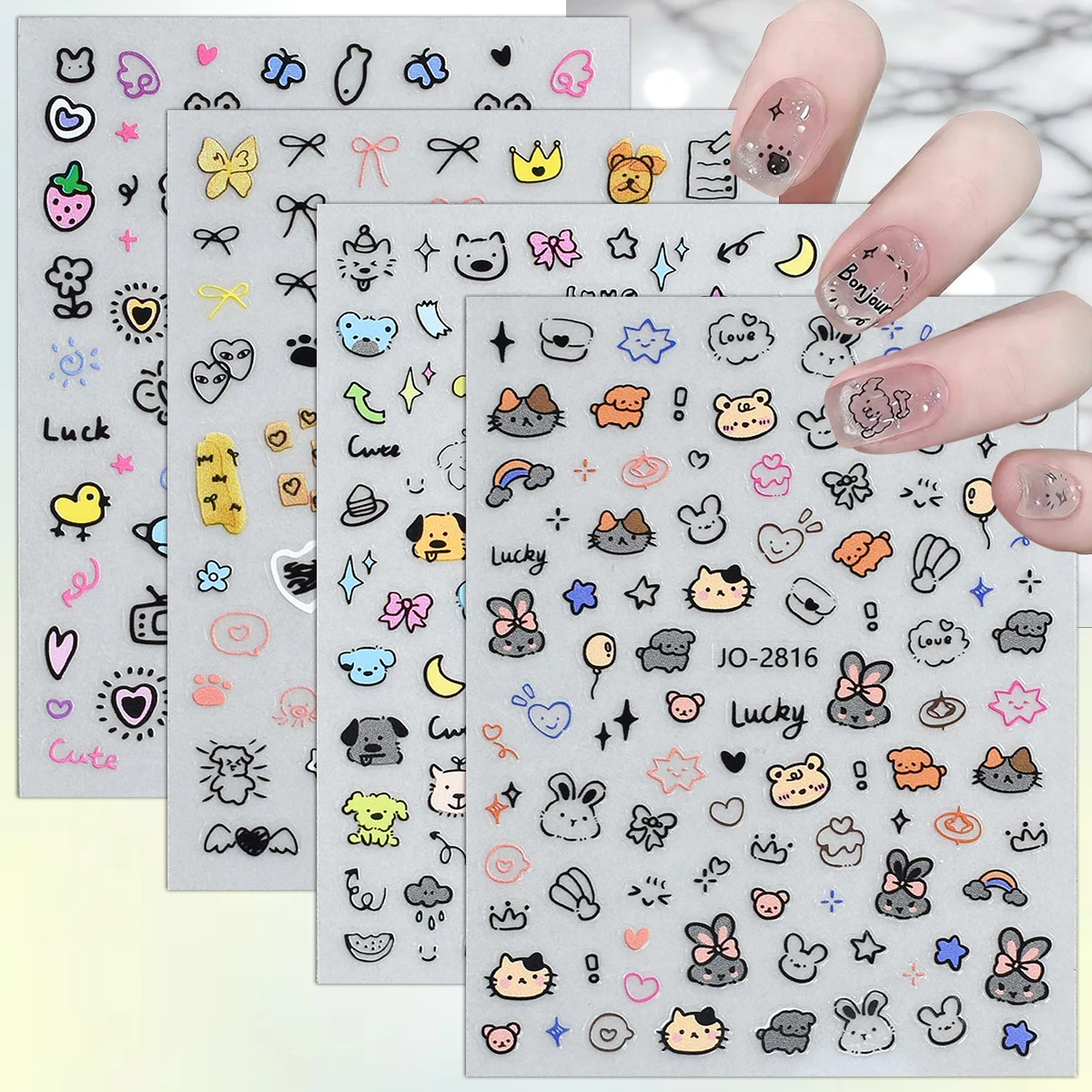 Image of 2 bis 16 Blatt Niedliche Cartoon-Nagelaufkleber Kawaii Katze Hund Herz Stern Nagelsticker Bunte Selbstklebende DIY-Maniküre-Aufkleber