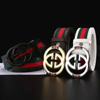 Cinturón para hombre con hebilla de letras y logo, diseño a rayas rojo y verde neutro, de 3.8cm, de cuero vacuno y lona duradera, moderno y a la moda, novedad 2026