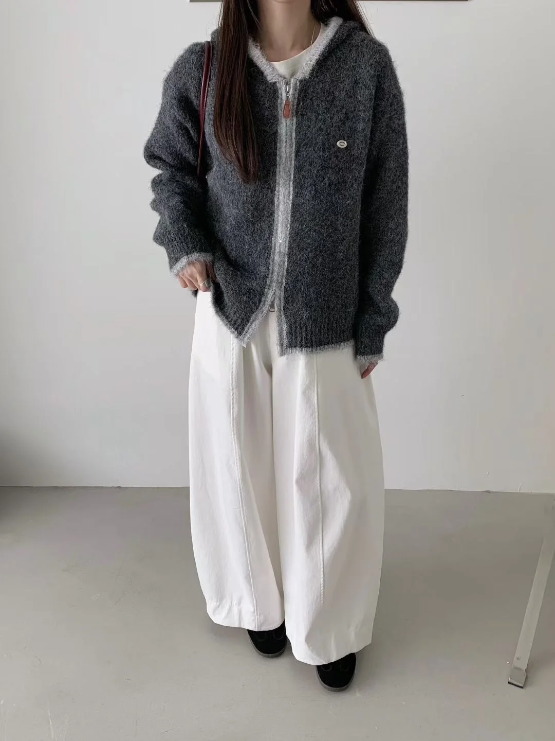 الكورية Sle لينة Plu يشعر تقسم اللون مقنعين سترة مشغولة من الصوف أوائل الخريف تصميم الصدر قطعة حديد صغيرة المرأة جا... #4