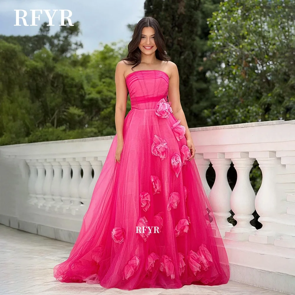

RFYR Strapless Evening Dress A Line Prom Dress with 3D Flowers Princess Dress فساتين مناسبة رسمية Customized