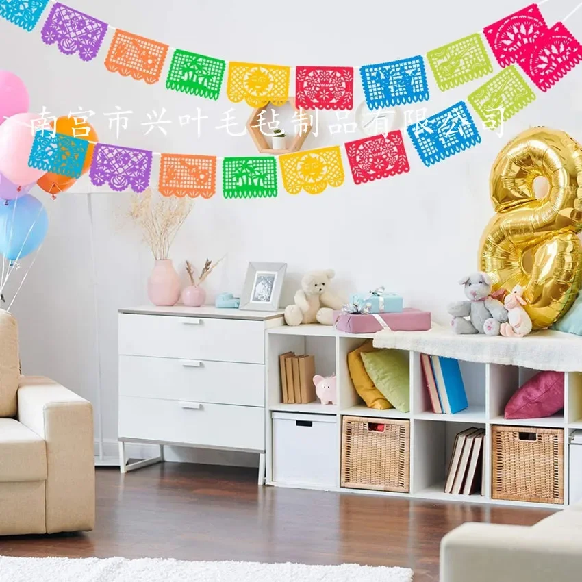 Mexican Theme Party Favors Decoration Pattern Square Banner Decorated Felt Flags Day of The Dead Banner Birthday Decoration