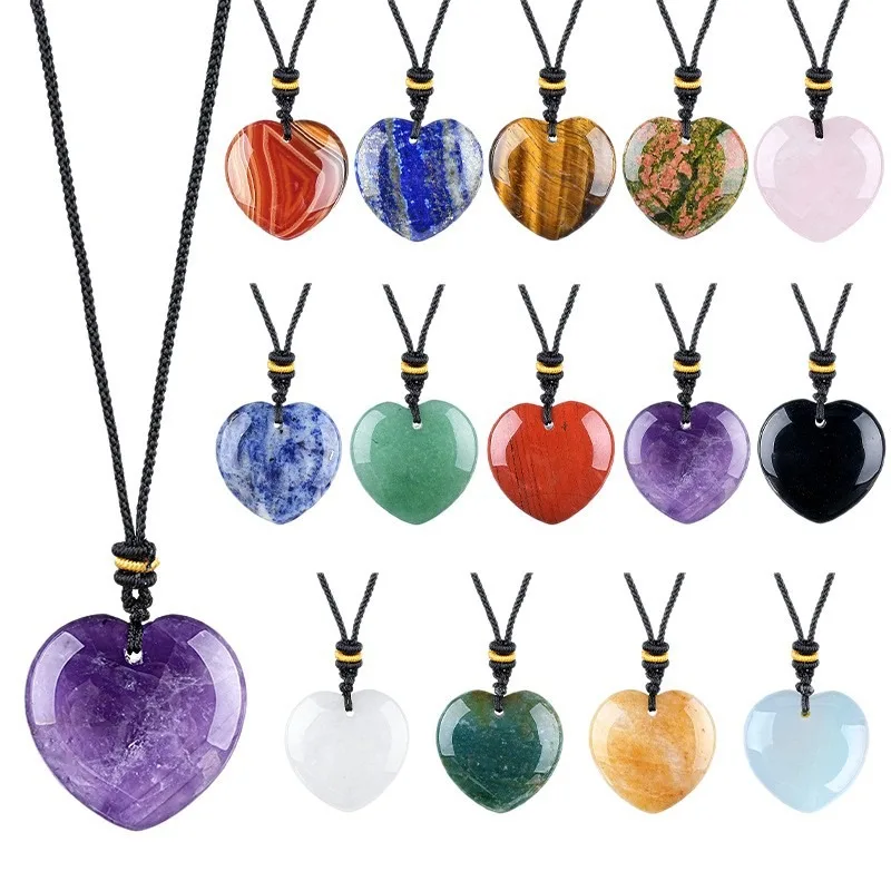 

6 шт. подвесок-сердечек из натурального камня 30 мм, на черном шнурке, из тигрового глаза, розового кварца, аметиста, унисекс, в стиле бохо, модные украшения