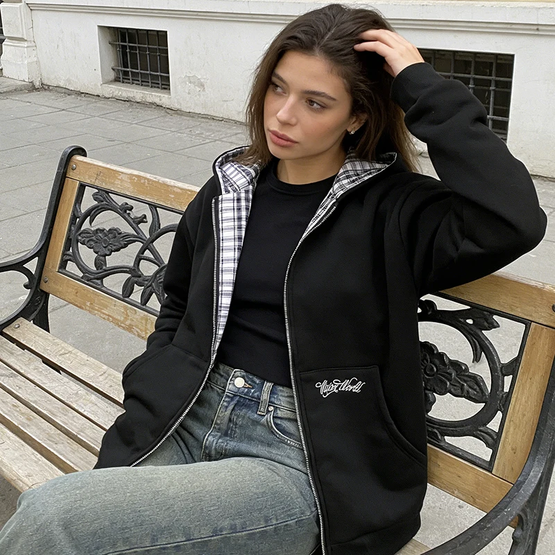 

Повседневные худи в клетку с контрастными вставками в стиле дофамин, осенняя мода, уличный стиль, хип-хоп, гранж, женский кардиган на молнии с длинными рукавами