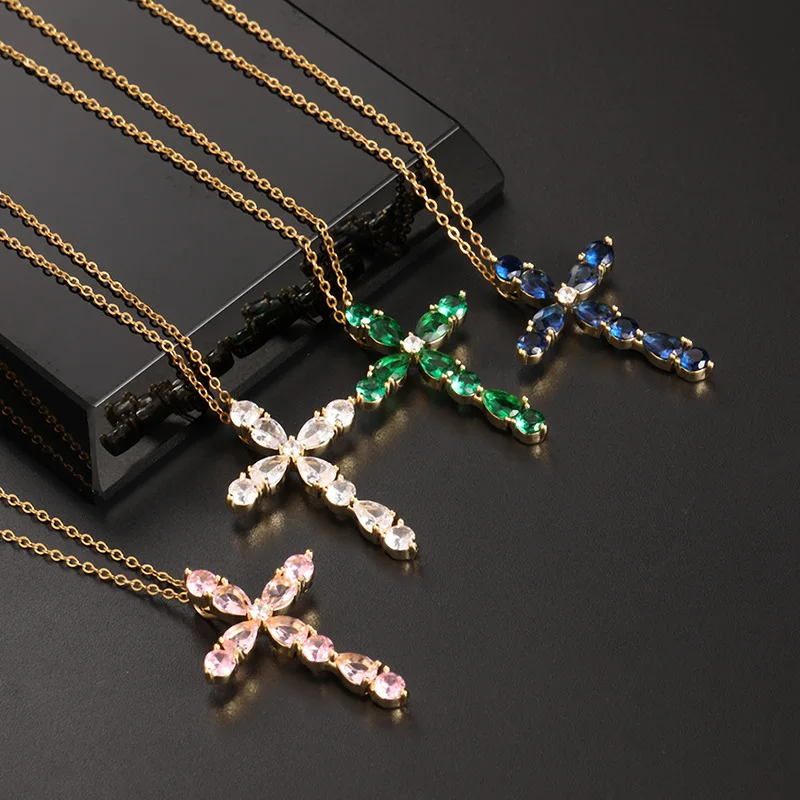 Classic Bright Jewelry Cross Necklace Fashion Personality Innovative Colorful Water Drop Geometric Cross Pendant Lucky Gift