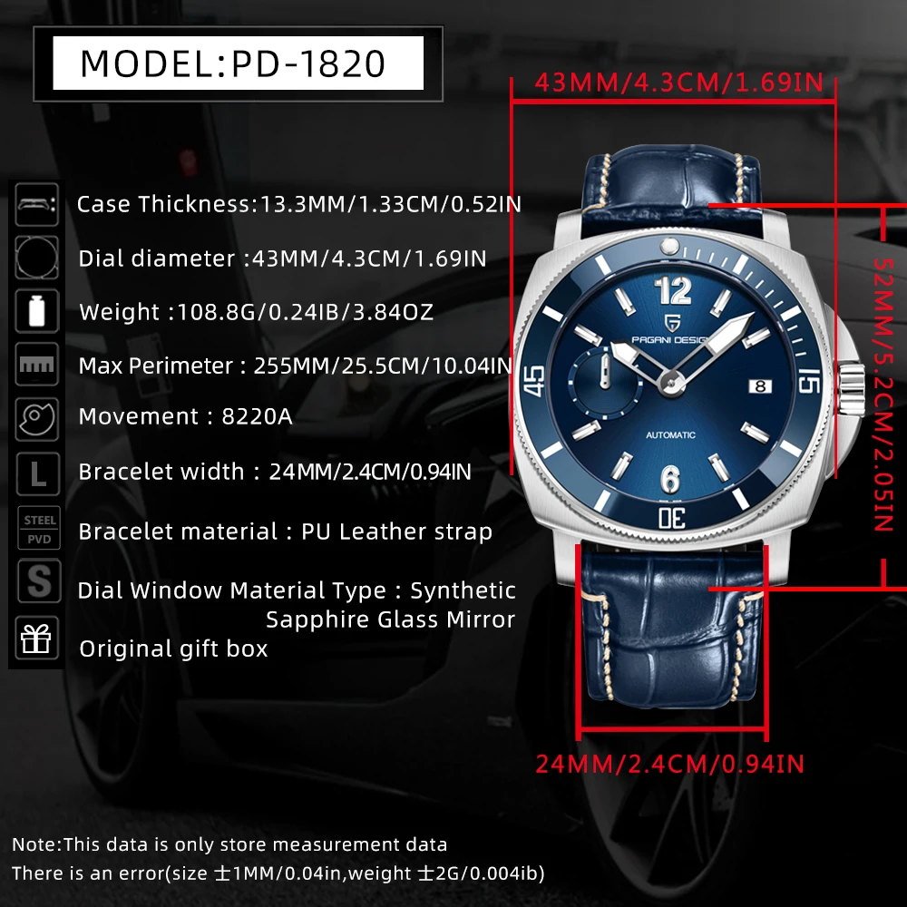 جديد PAGANI تصميم الغوص ساعة رياضية جلدية أعلى الميكانيكية التلقائية ووتش للماء الفولاذ المقاوم للصدأ الياقوت الساعات للرجل #6